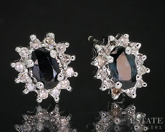 14k White Gold Natural Diamond & Blue Sapphire Halo Stud Earrings 1.5g i19962b