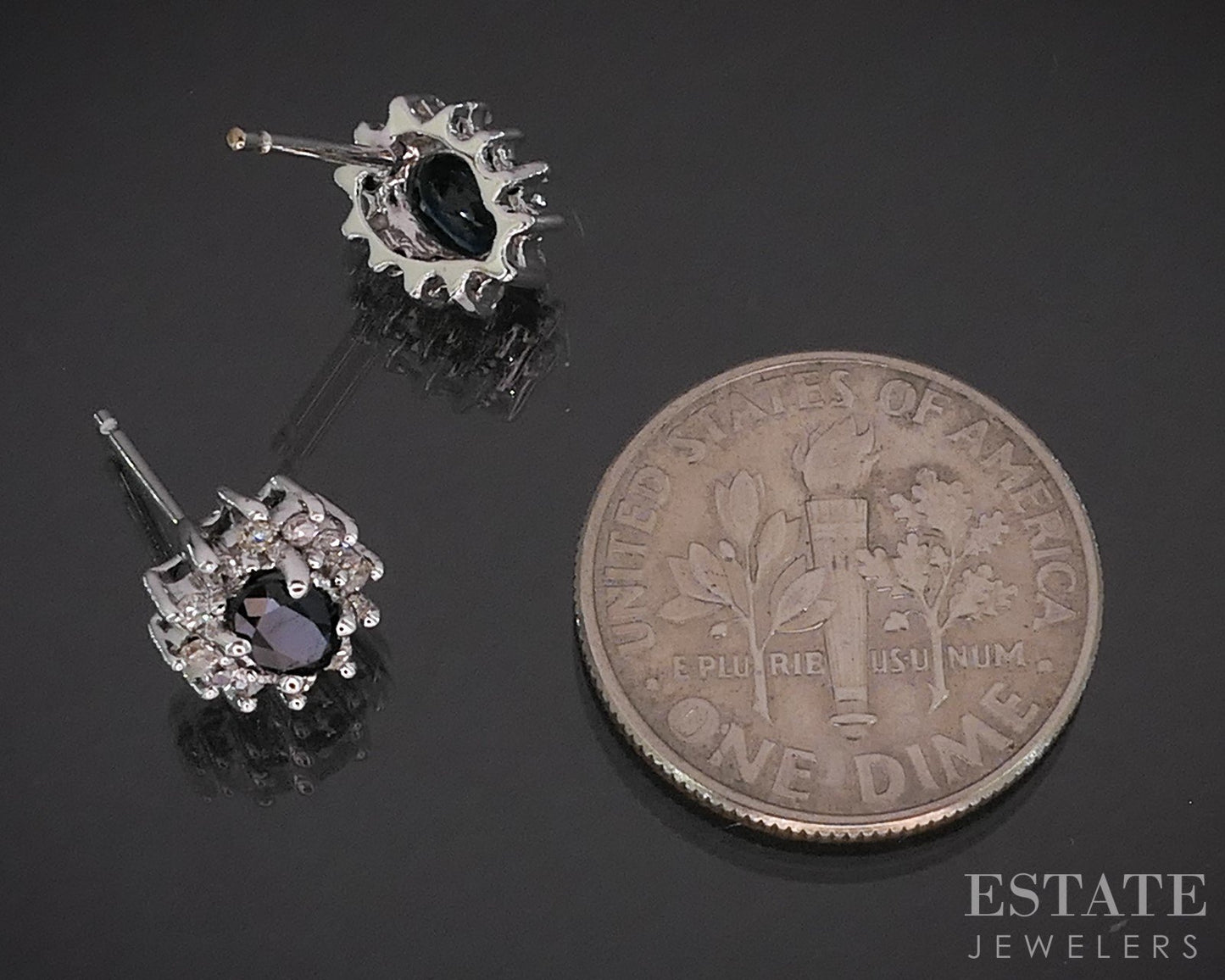 14k White Gold Natural Diamond & Blue Sapphire Halo Stud Earrings 1.5g i19962b
