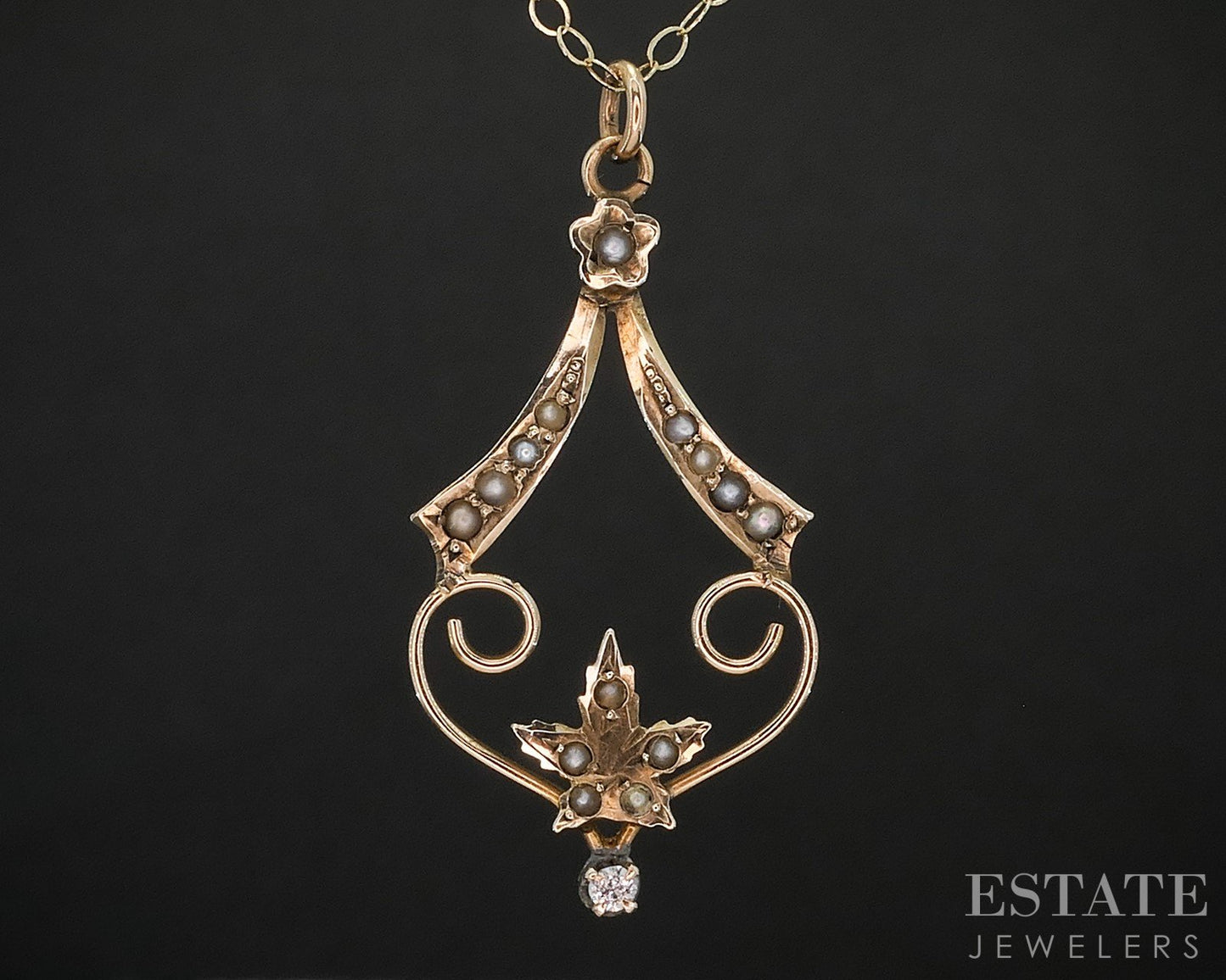Antique Victorian 10k Yellow Gold Diamond & Seed Pearl Lavalier Necklace i19971b