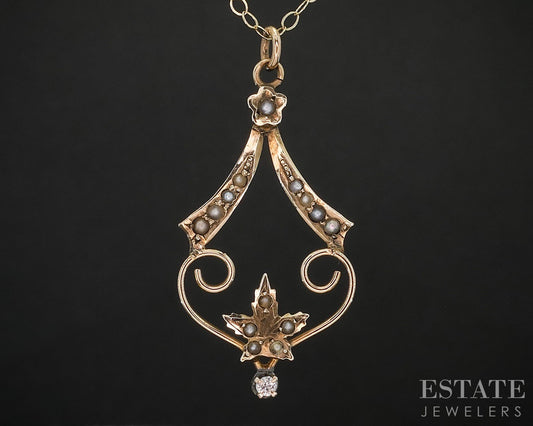 Antique Victorian 10k Yellow Gold Diamond & Seed Pearl Lavalier Necklace i19971b