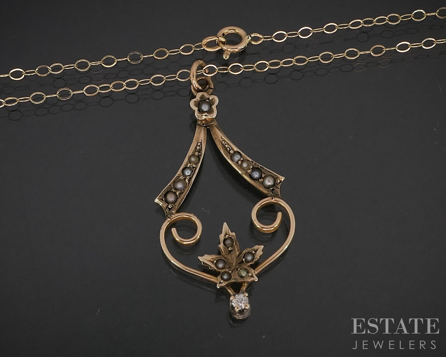 Antique Victorian 10k Yellow Gold Diamond & Seed Pearl Lavalier Necklace i19971b