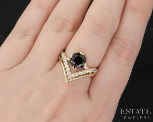 14k Yellow Gold Round Natural Red Zircon & Diamond Ladies Band Ring 6.7g i20010