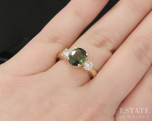 14k Yellow Gold Oval Natural Green Sapphire & Diamond Ladies Ring 4.7g i20012