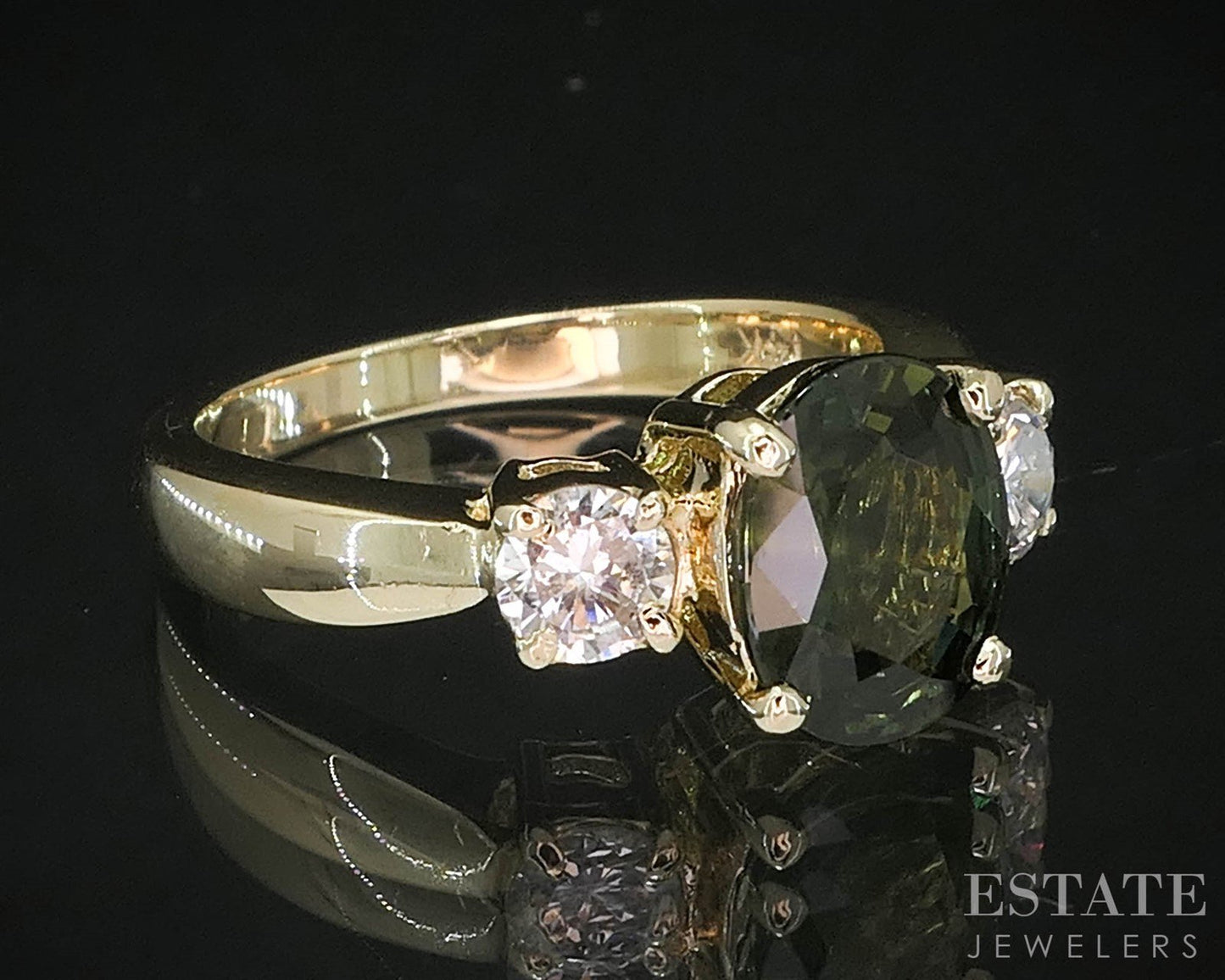 14k Yellow Gold Oval Natural Green Sapphire & Diamond Ladies Ring 4.7g i20012