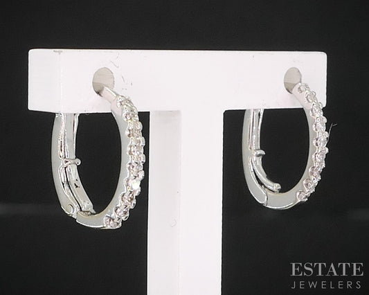 18k White Gold Round Natural .09ctw Diamond Hoop Huggie Earrings 1.4g i20018