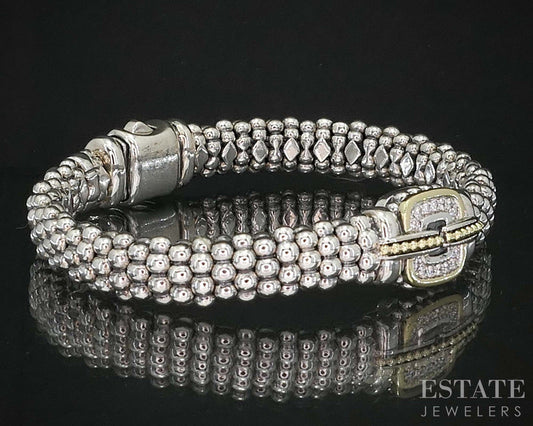 18k & Sterling LAGOS Caviar Natural Diamond Beaded Bracelet 50.8g i19952