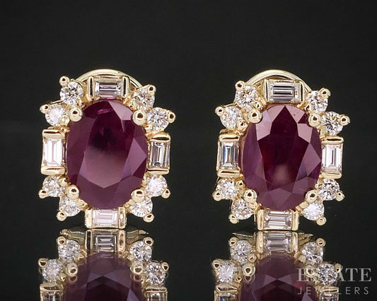 14k Yellow Gold Oval Ruby & Diamond Omega Back Earrings 5.3g i20016