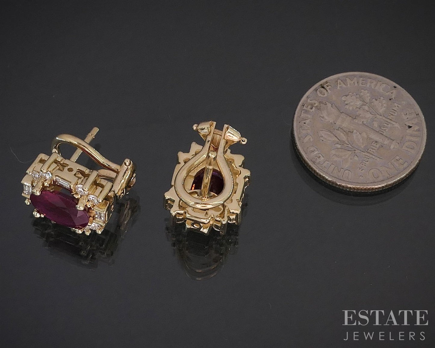 14k Yellow Gold Oval Ruby & Diamond Omega Back Earrings 5.3g i20016