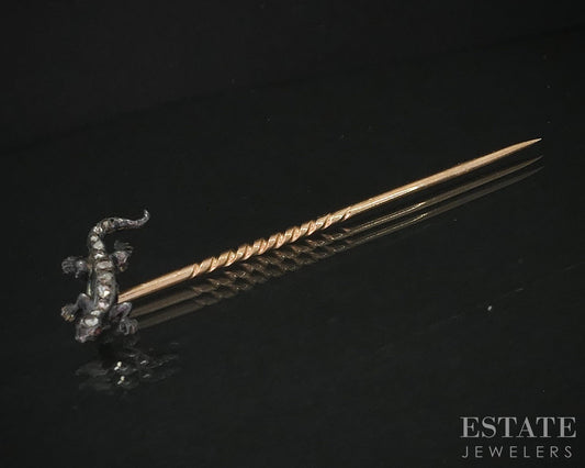 Antique Georgian 10k & Sterling Rose Cut Diamond Lizard Stick Pin 1.5g i19953
