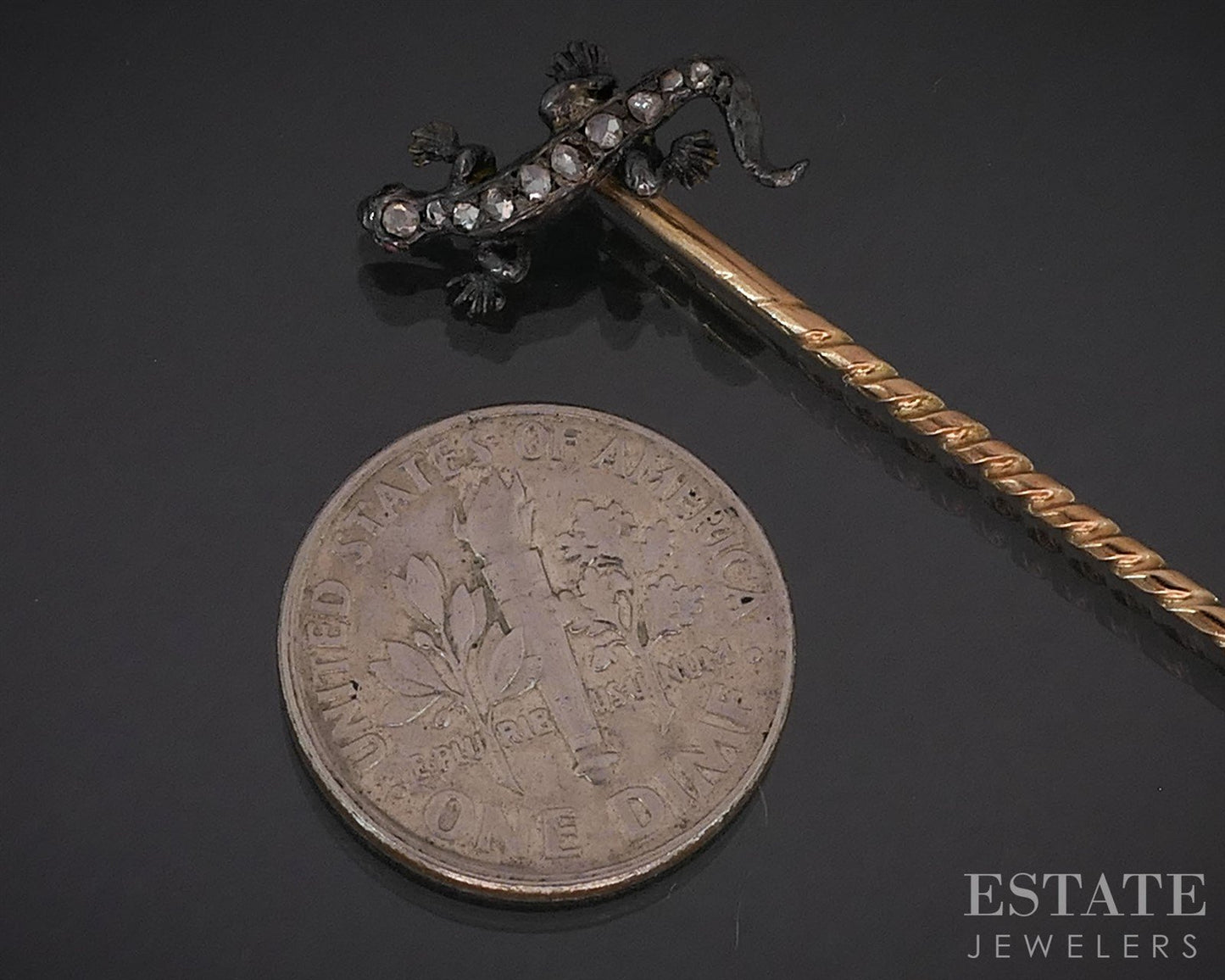 Antique Georgian 10k & Sterling Rose Cut Diamond Lizard Stick Pin 1.5g i19953