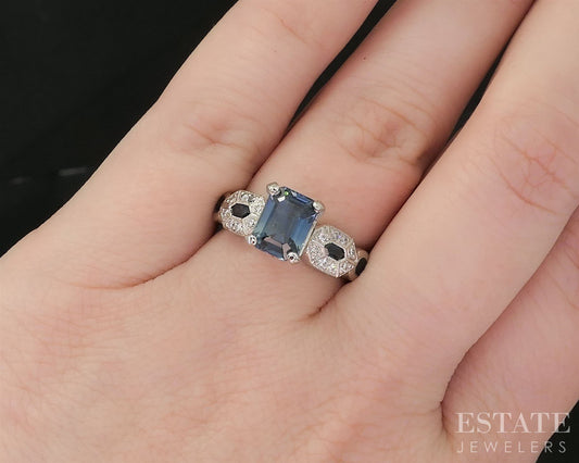 Vintage Platinum Emerald Natural Blue Sapphire & Diamond Engagement Ring i19950