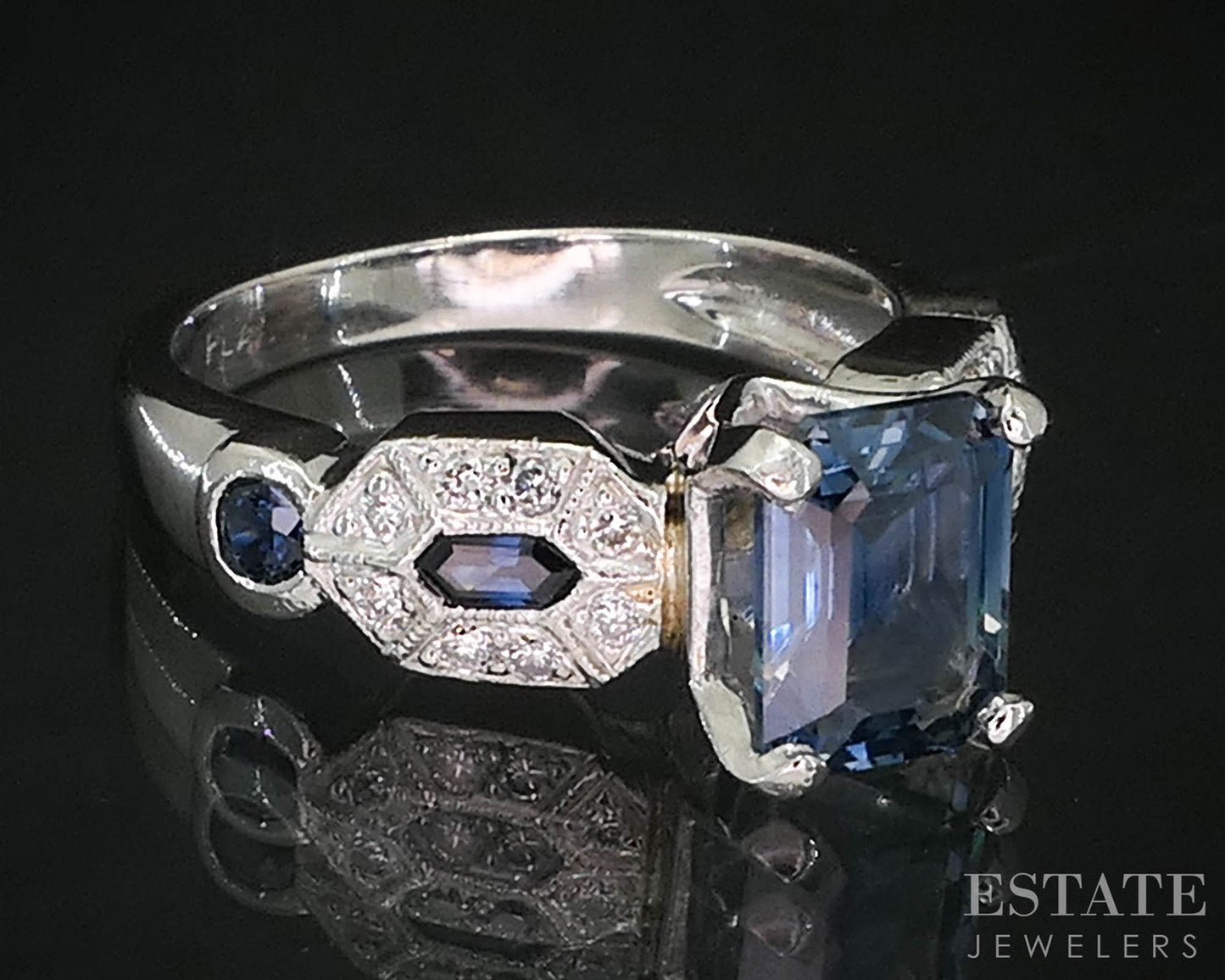 Vintage Platinum Emerald Natural Blue Sapphire & Diamond Engagement Ring i19950