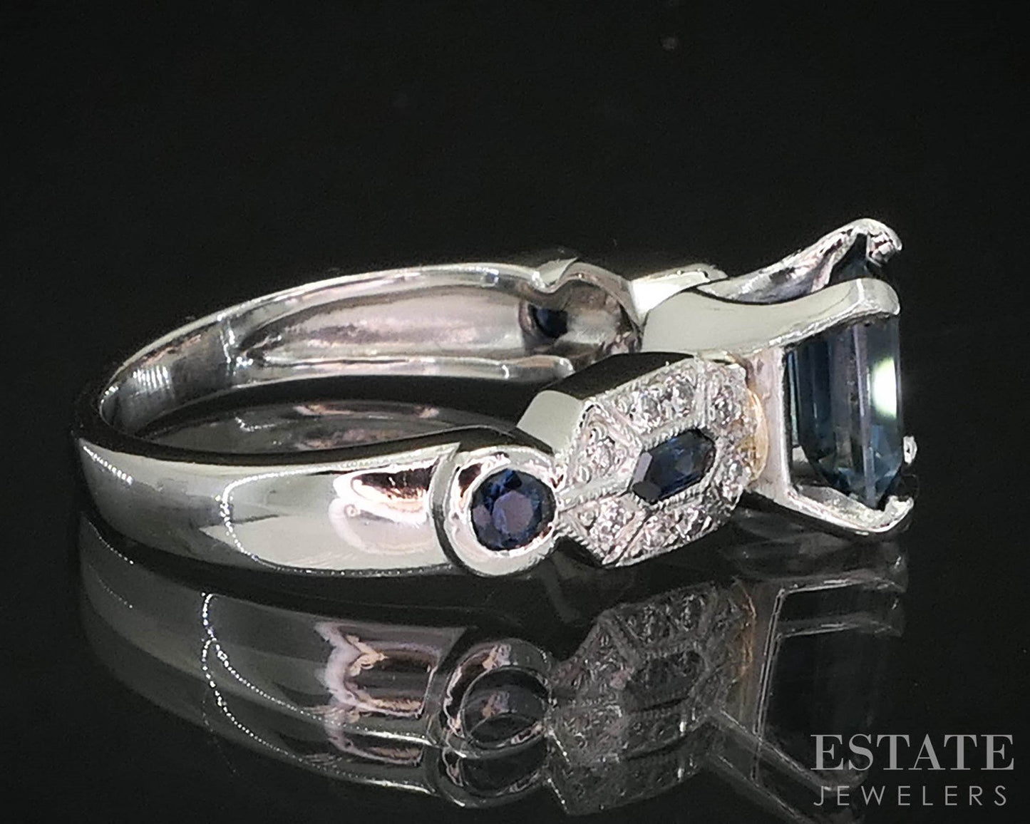 Vintage Platinum Emerald Natural Blue Sapphire & Diamond Engagement Ring i19950