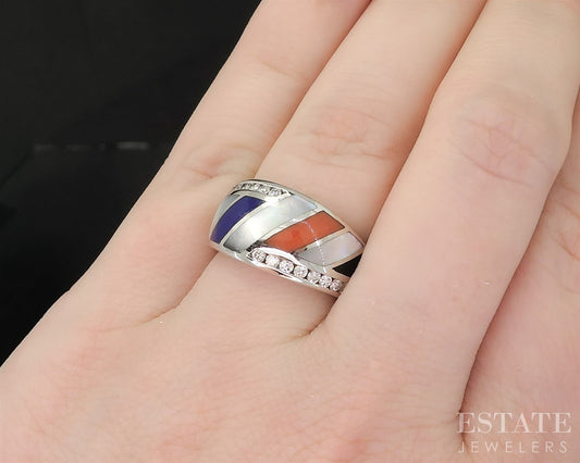 14k White Gold Asch Grossbardt Natural Multi Gem & Diamond Band Ring 8g i20021