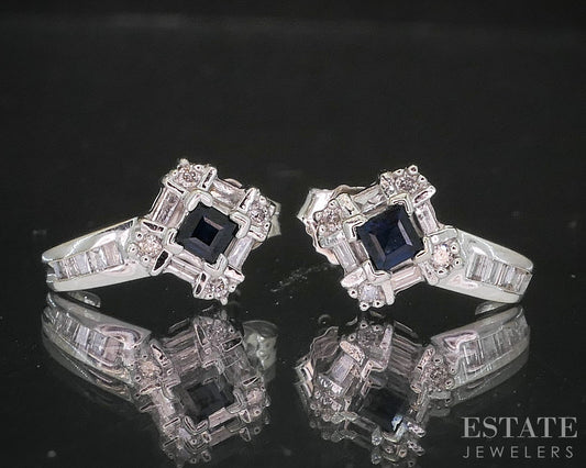 14k White Gold Natural Blue Sapphire & Diamond J-Hoop Earrings 2.9g i20023