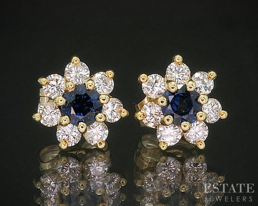 18k Yellow Gold Natural Diamond & Blue Sapphire Halo Stud Earrings 1.6g i20042