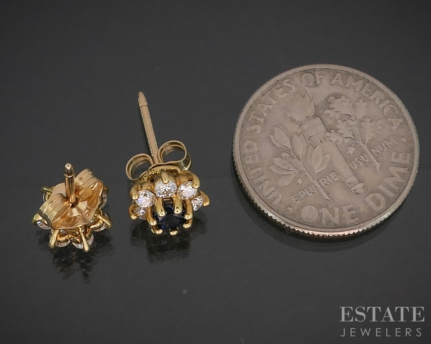 18k Yellow Gold Natural Diamond & Blue Sapphire Halo Stud Earrings 1.6g i20042