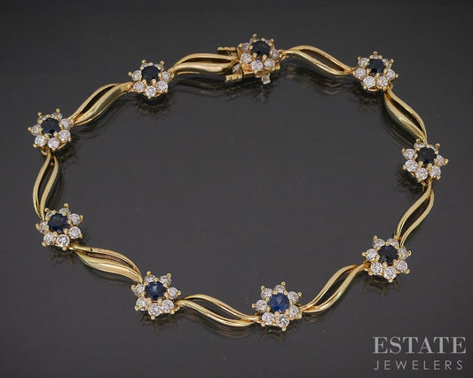 18k Yellow Gold Natural Blue Sapphire & Diamond Tennis Bracelet 14.7g 7"L i20043