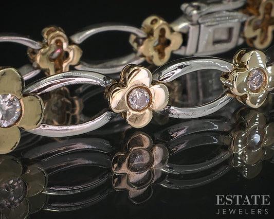 14k Two Tone Gold Natural .75ctw Diamond Flower Link Bracelet 11g 7.25"L i20046