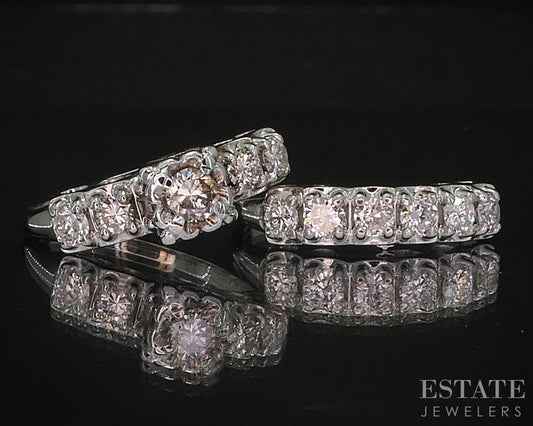 Vintage 14k White Gold Round Natural 1.23ctw Diamond Wedding Set 7.8g i20034