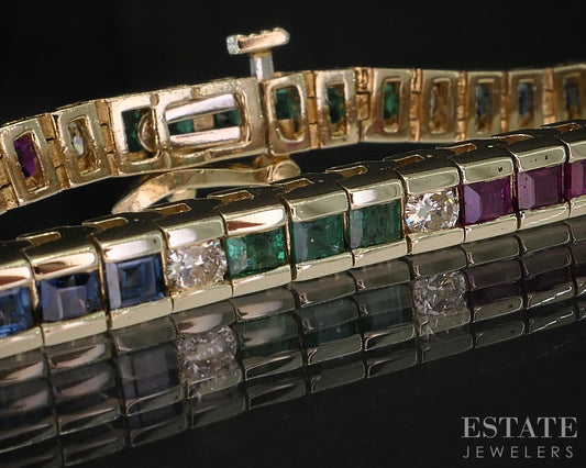 14k Yellow Gold Natural Multi Gem & Diamond Tennis Bracelet 16.9g 7"L i20040