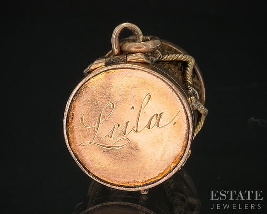 Antique Victorian 10k Yellow Gold Hair Work Movable Drum Charm 2.6g i20039