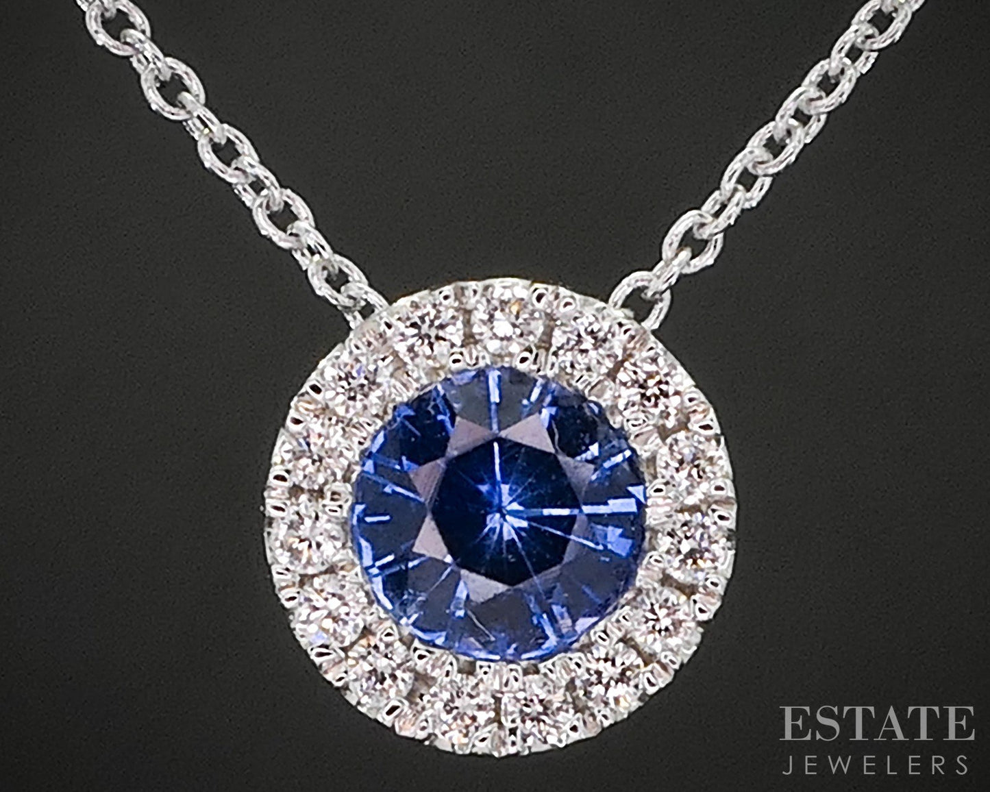 14k White Gold Natural Blue Sapphire & Diamond Halo Necklace 1.8g 18"L i20048
