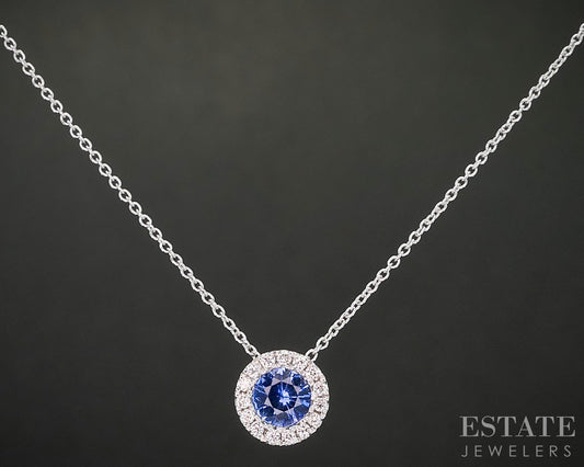 14k White Gold Natural Blue Sapphire & Diamond Halo Necklace 1.8g 18"L i20048