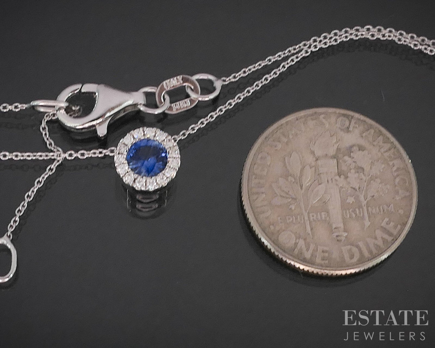14k White Gold Natural Blue Sapphire & Diamond Halo Necklace 1.8g 18"L i20048