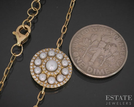 14k Yellow Gold Cultured Pearl & Diamond Link Ladies Bracelet 2.5g 7"L i20053