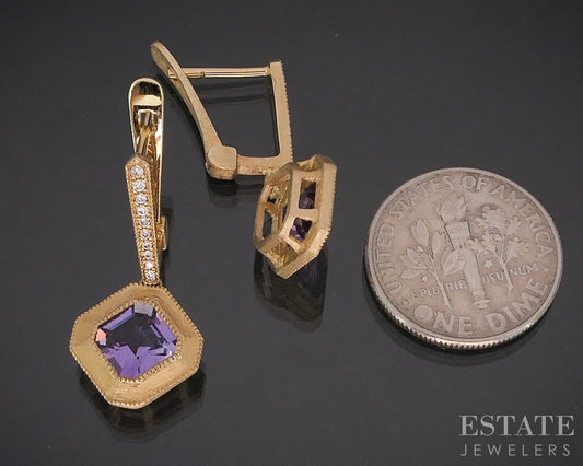 14k Yellow Gold Natural Amethyst & Diamond Dangle Earrings 4.7g i20052