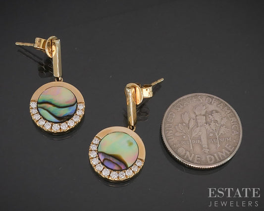 14k Yellow Gold Natural Abalone & Diamond Disk Dangle Earrings 3.5g i20057