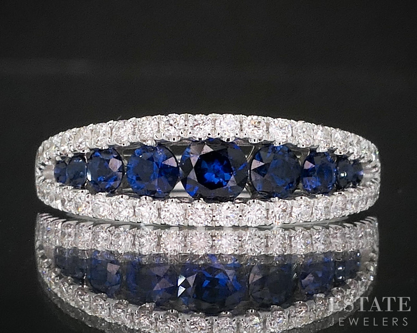 18k White Gold Natural Blue Sapphire & Diamond Ladies Band Ring 4.1g i20051
