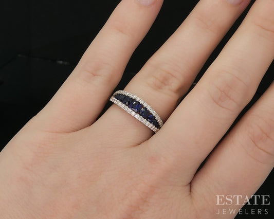 18k White Gold Natural Blue Sapphire & Diamond Ladies Band Ring 4.1g i20051