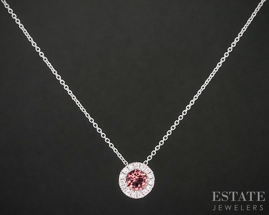14k White Gold Natural Pink Tourmaline & Diamond Halo Necklace 1.9g 18"L i20058