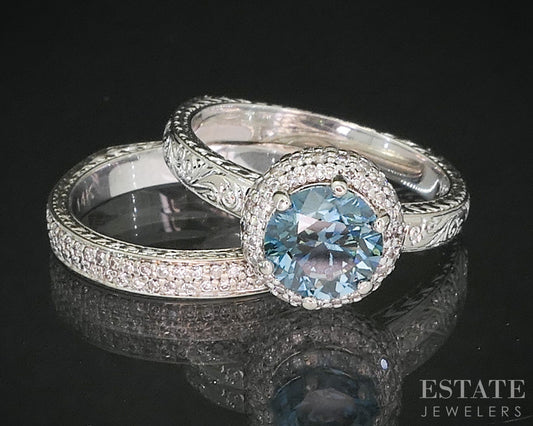 14k White Gold Round Natural 1.5ctw Blue & White Diamond Wedding Set 8.9g i20060