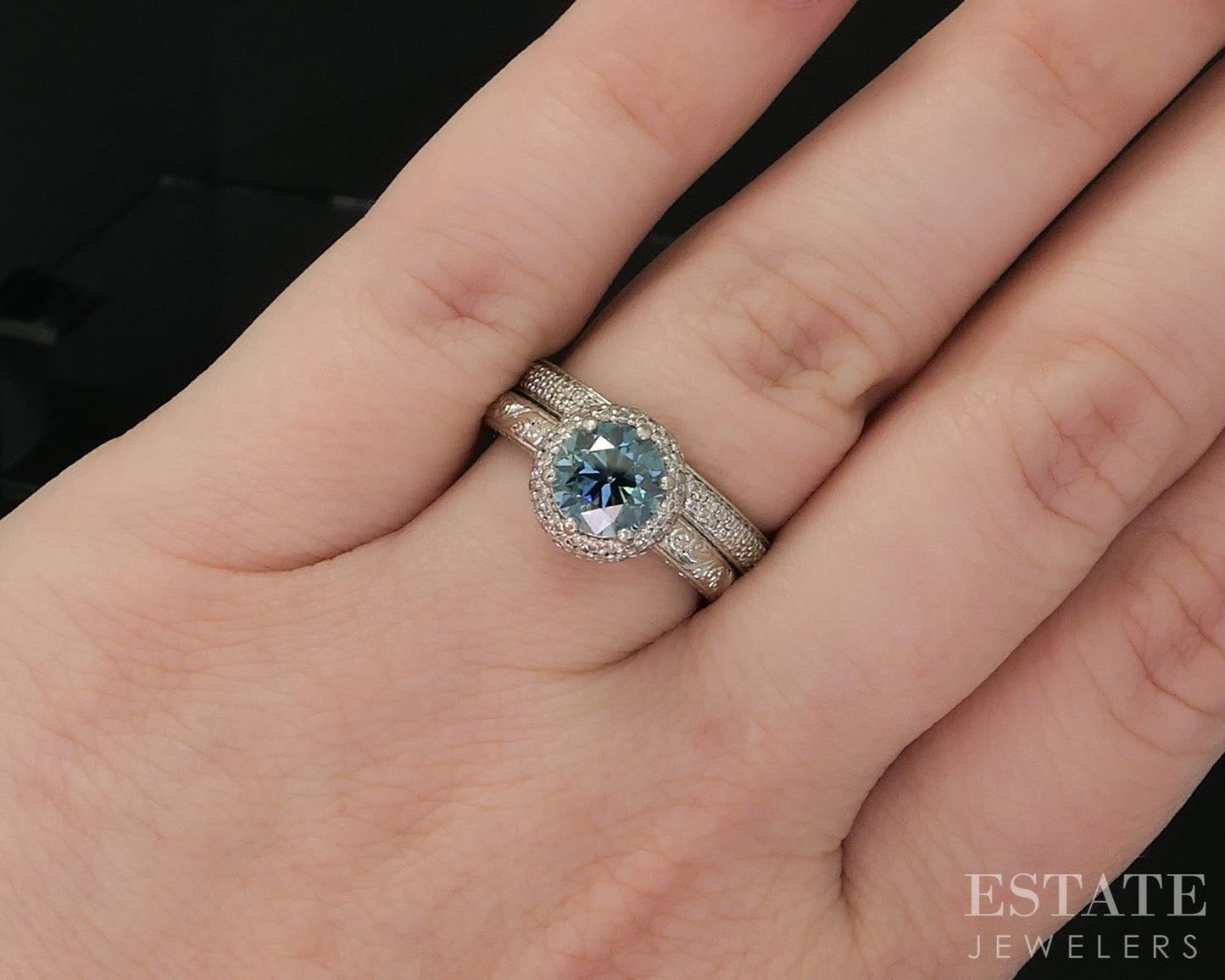 14k White Gold Round Natural 1.5ctw Blue & White Diamond Wedding Set 8.9g i20060