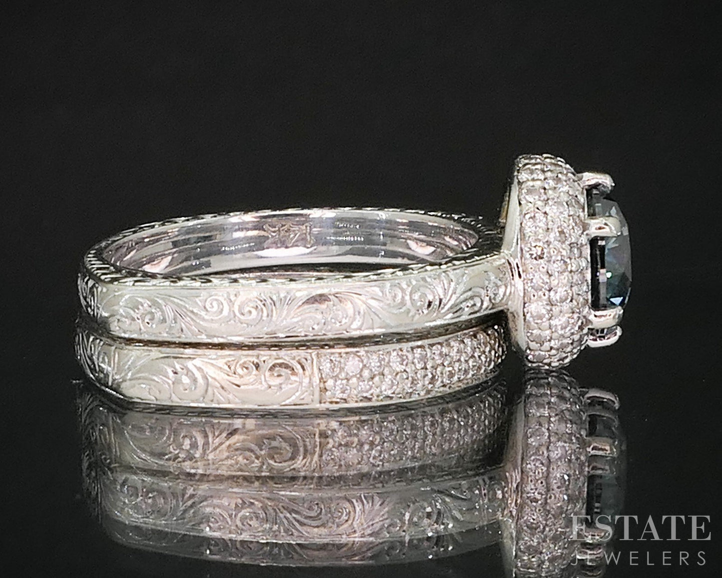 14k White Gold Round Natural 1.5ctw Blue & White Diamond Wedding Set 8.9g i20060