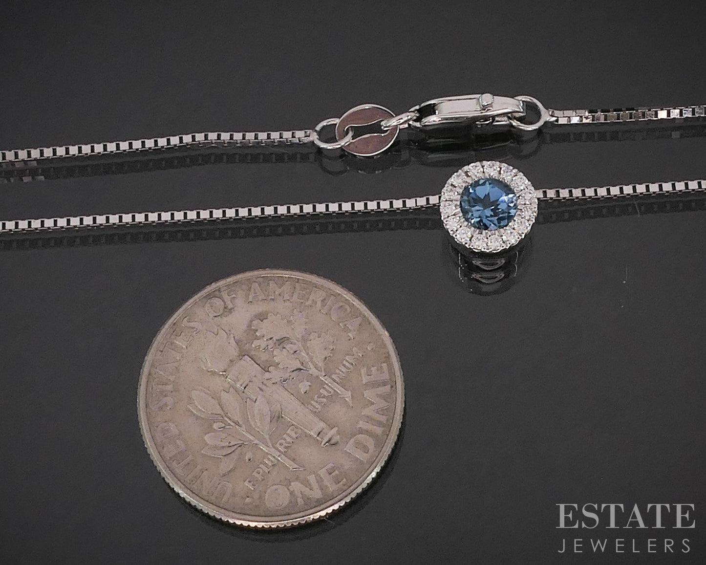 14k White Gold Natural Blue Topaz & Diamond Halo Necklace 2.6g 16"L i20061