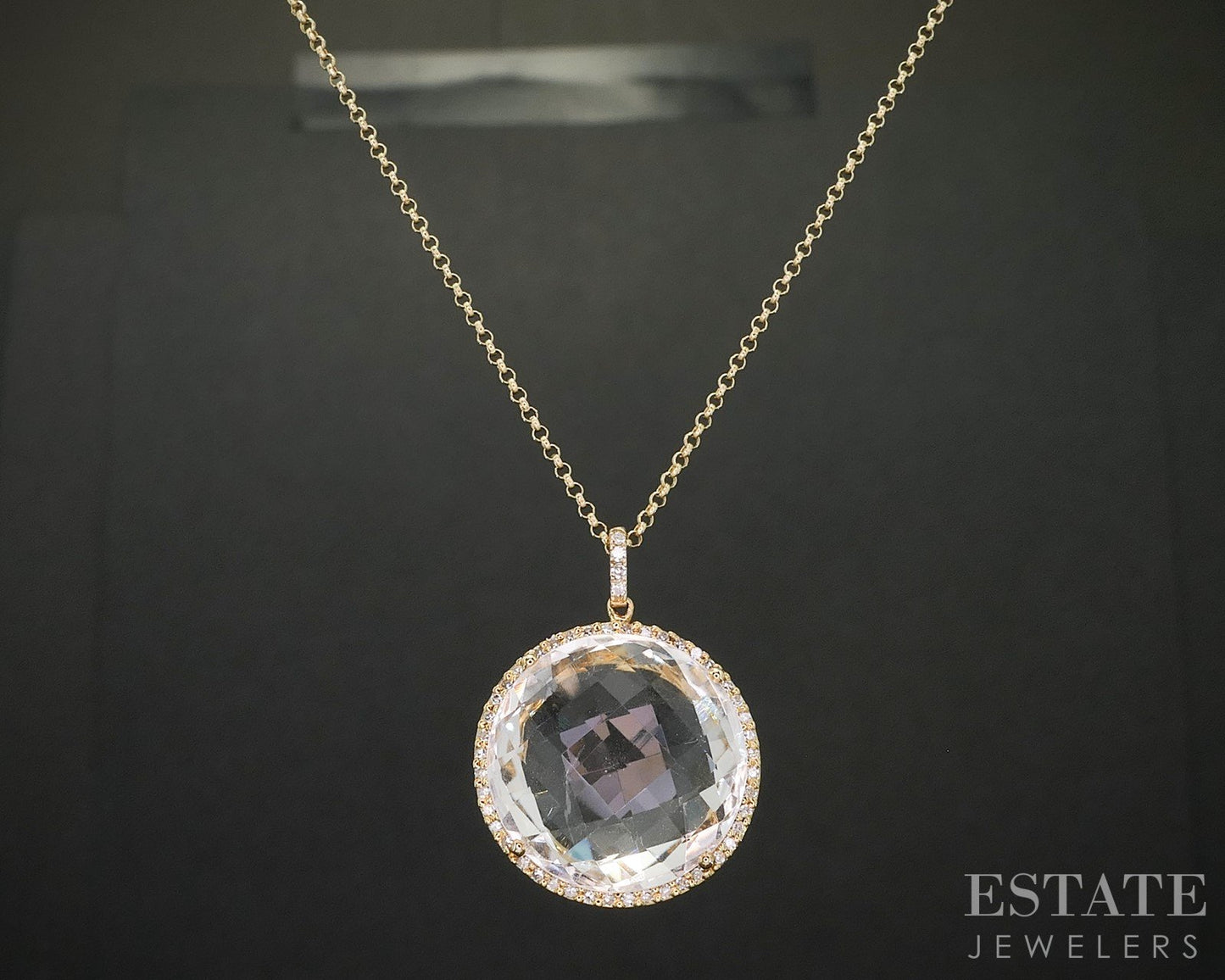 14k Yellow Gold Checkered Natural Quartz & Diamond Necklace 5.1g 16"L i20063