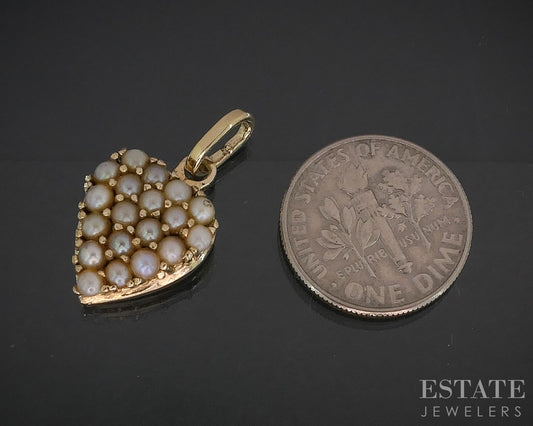Vintage 14k Yellow Gold Seed Pearl Heart Ladies Charm Pendant 2.6g i20086