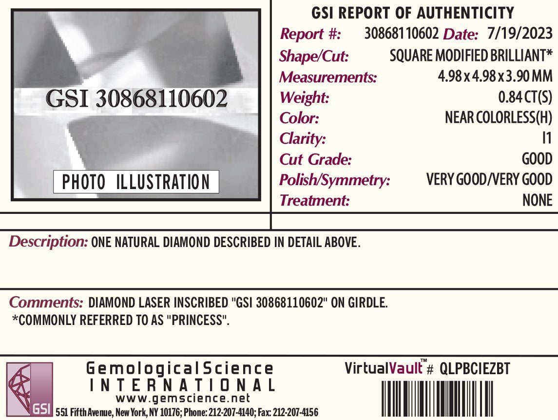 Loose .84ct Princess Cut GSI Certified Natural Diamond I1/H i20080