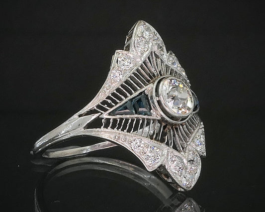 Antique Art Deco Platinum OEC .35ct Diamond Sapphire Filigree Ring 4g i20076