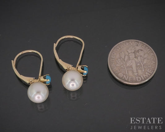 14k Yellow Gold 7mm Akoya Pearl & Turquoise Lever Back Earrings 1.9g i20078