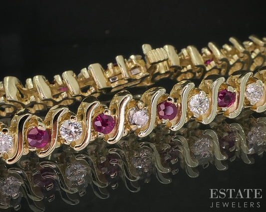 14k Yellow Gold Natural Ruby & Diamond S-Link Tennis Bracelet 17.5g 7"L i20073
