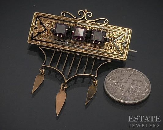 Antique Victorian 19K Yellow Gold Rhodolite Garnet Bar Pin Brooch 9.1g i20072