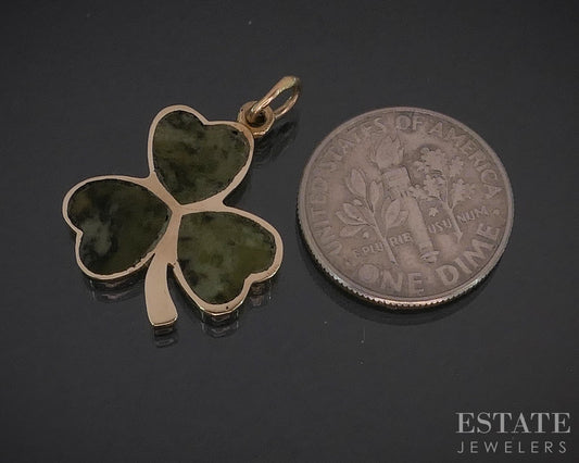Vintage 9k Yellow Gold Connemara Marble Shamrock Charm Pendant 1.9g i20066