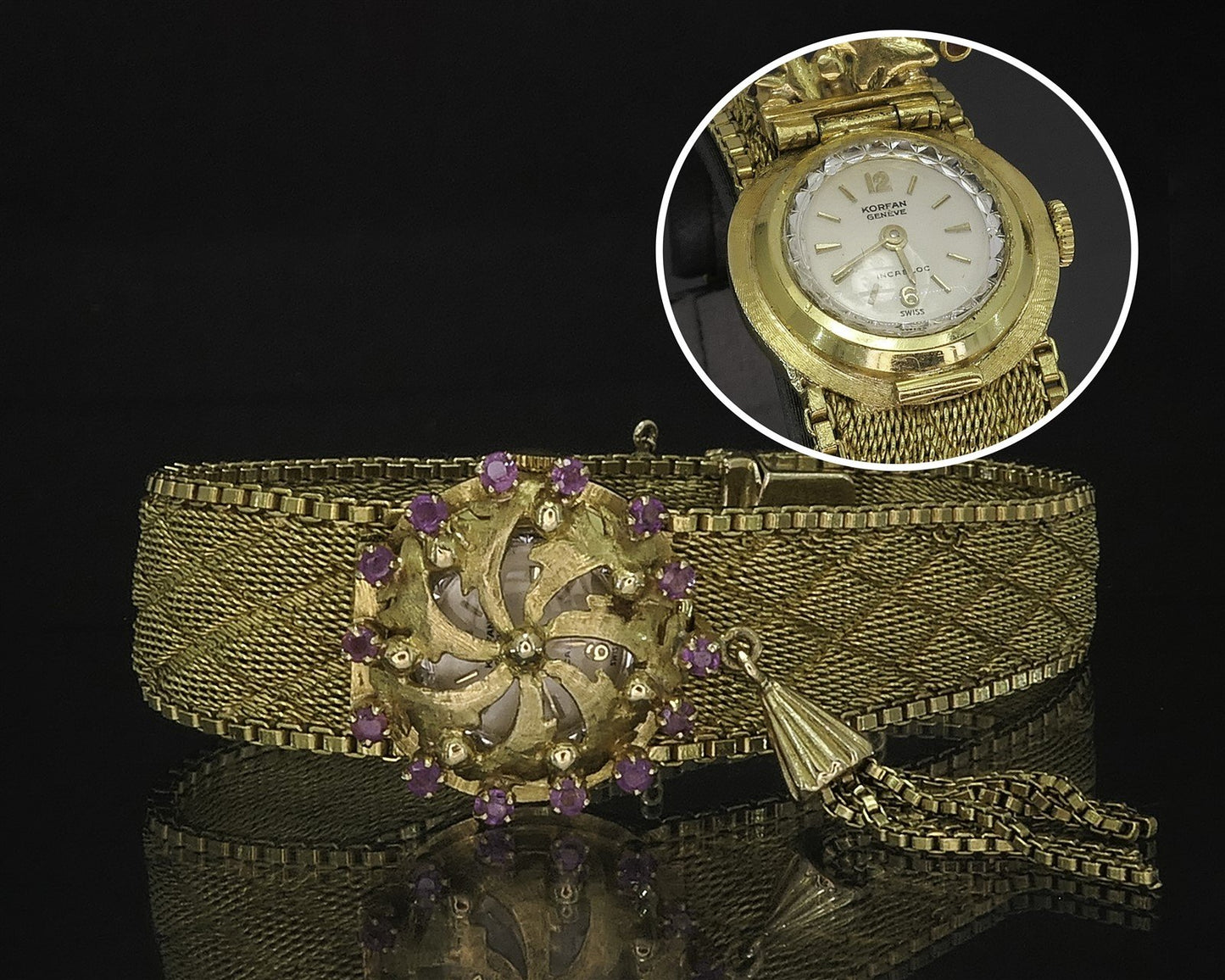 Vintage 18k Yellow Gold Natural Ruby Peek-a-Boo Tassel Ladies Watch 41.9g i20071