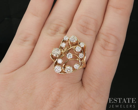 Vintage 14k Yellow Gold Natural 1.72ctw Diamond Freeform Cocktail Ring 8g i20067