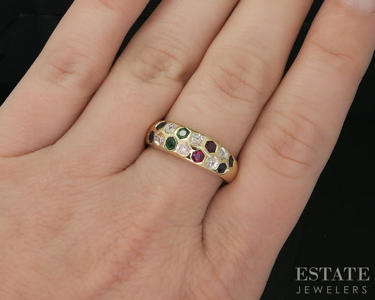 18k Yellow Gold Natural Multi Gem & Diamond Honeycomb Band Ring 5g i20085